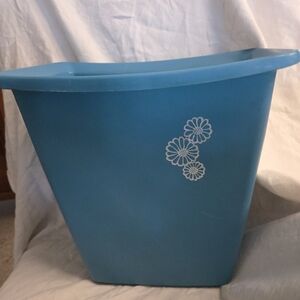 Vintage Rubbermaid Teal Blue Floral Flowers Small Trash Waste Can Basket 1960s